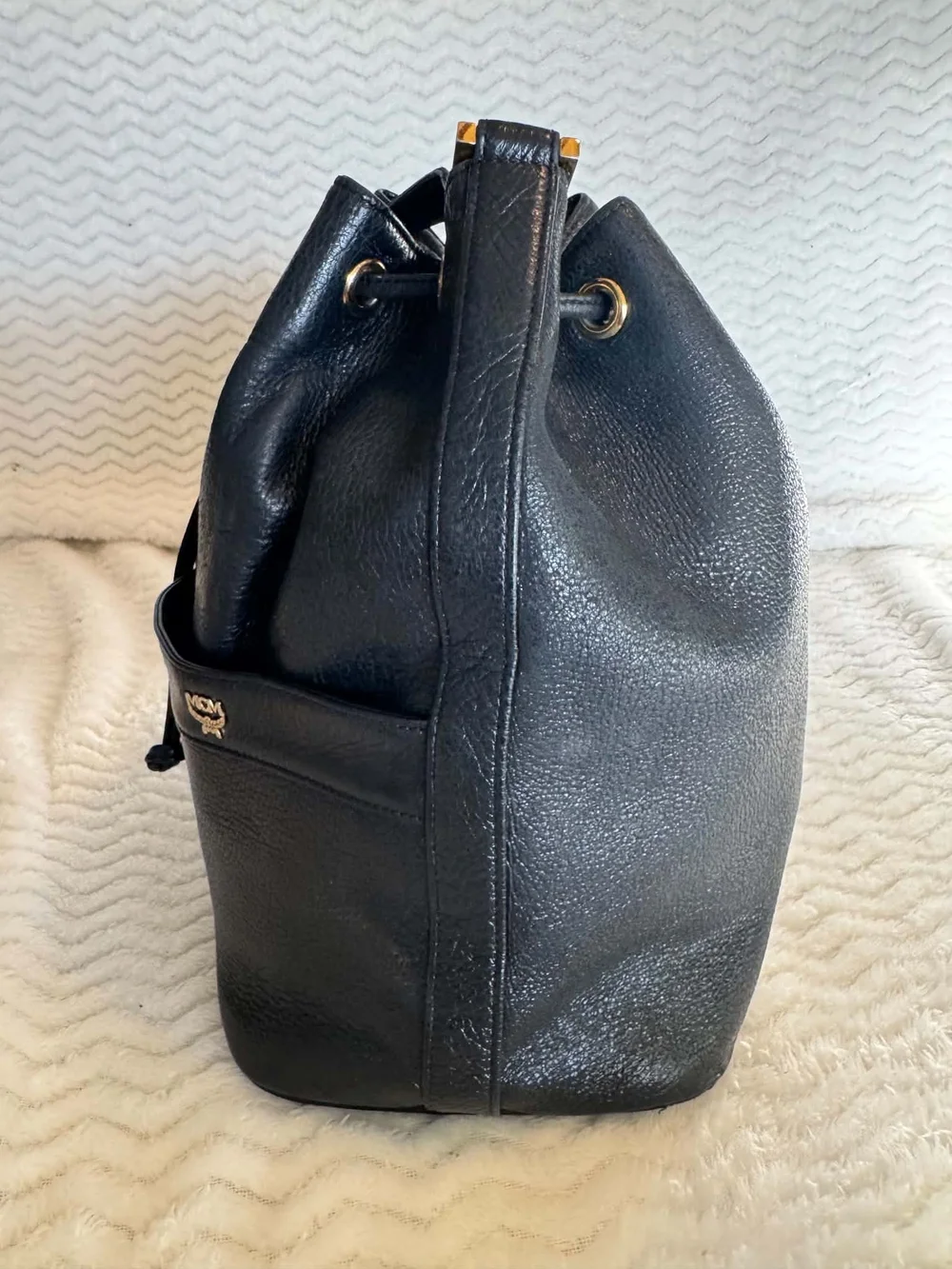 MCM Black Pebbled Leather Drawstring Hobo with Gold Hardware